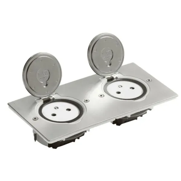 Prise de sol double 2P+T 16 A — platine rectangulaire inox brossé — IP44/IK08 — image 1